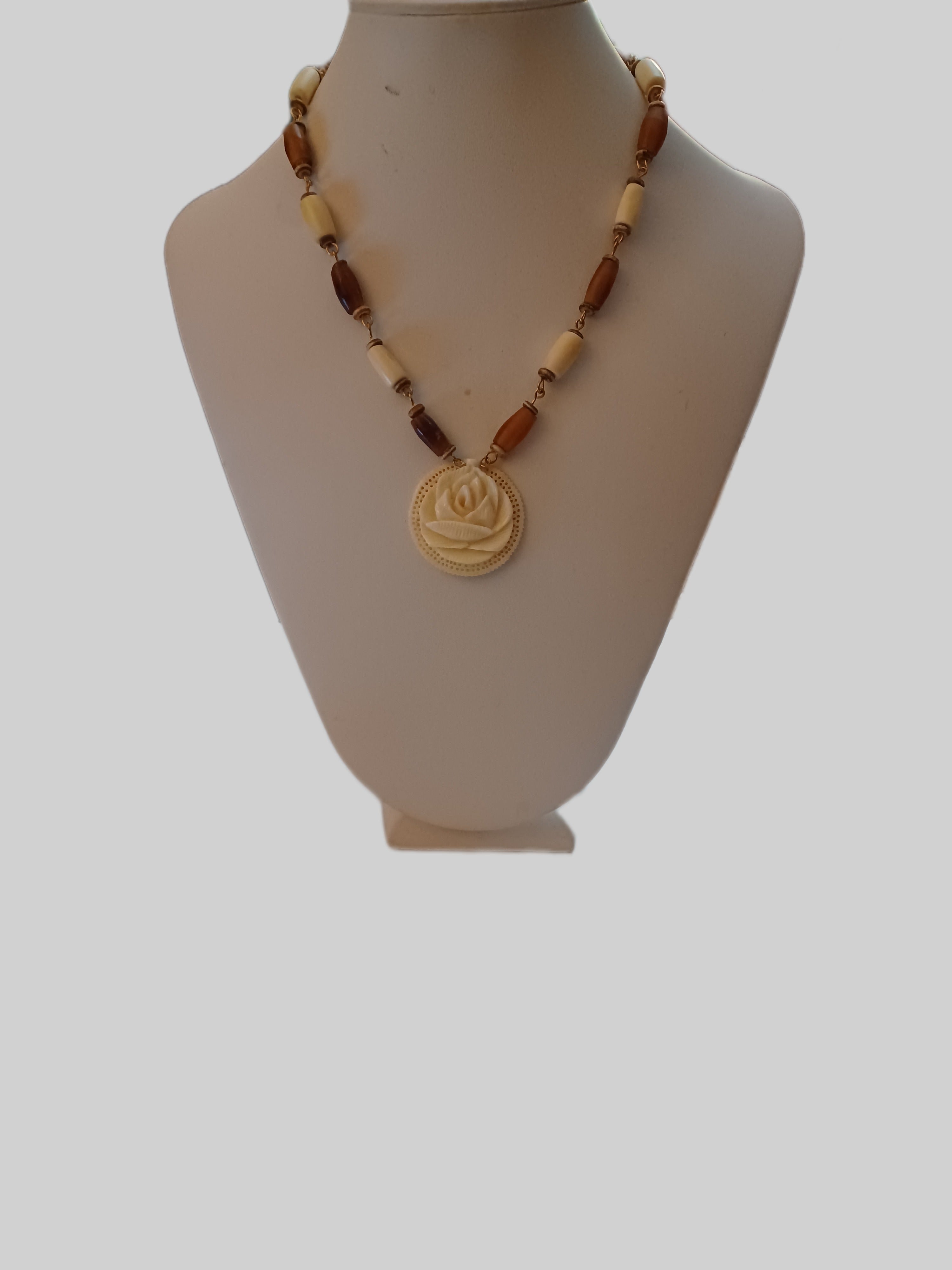 Bone Necklace - White Bone Rose Pendant