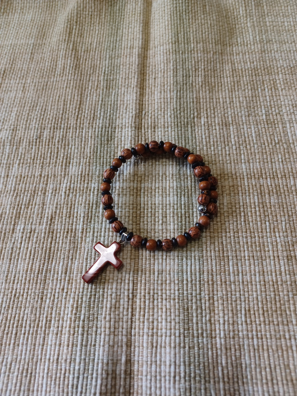 Wood Beaded Bracelet - Gemstone Cross
