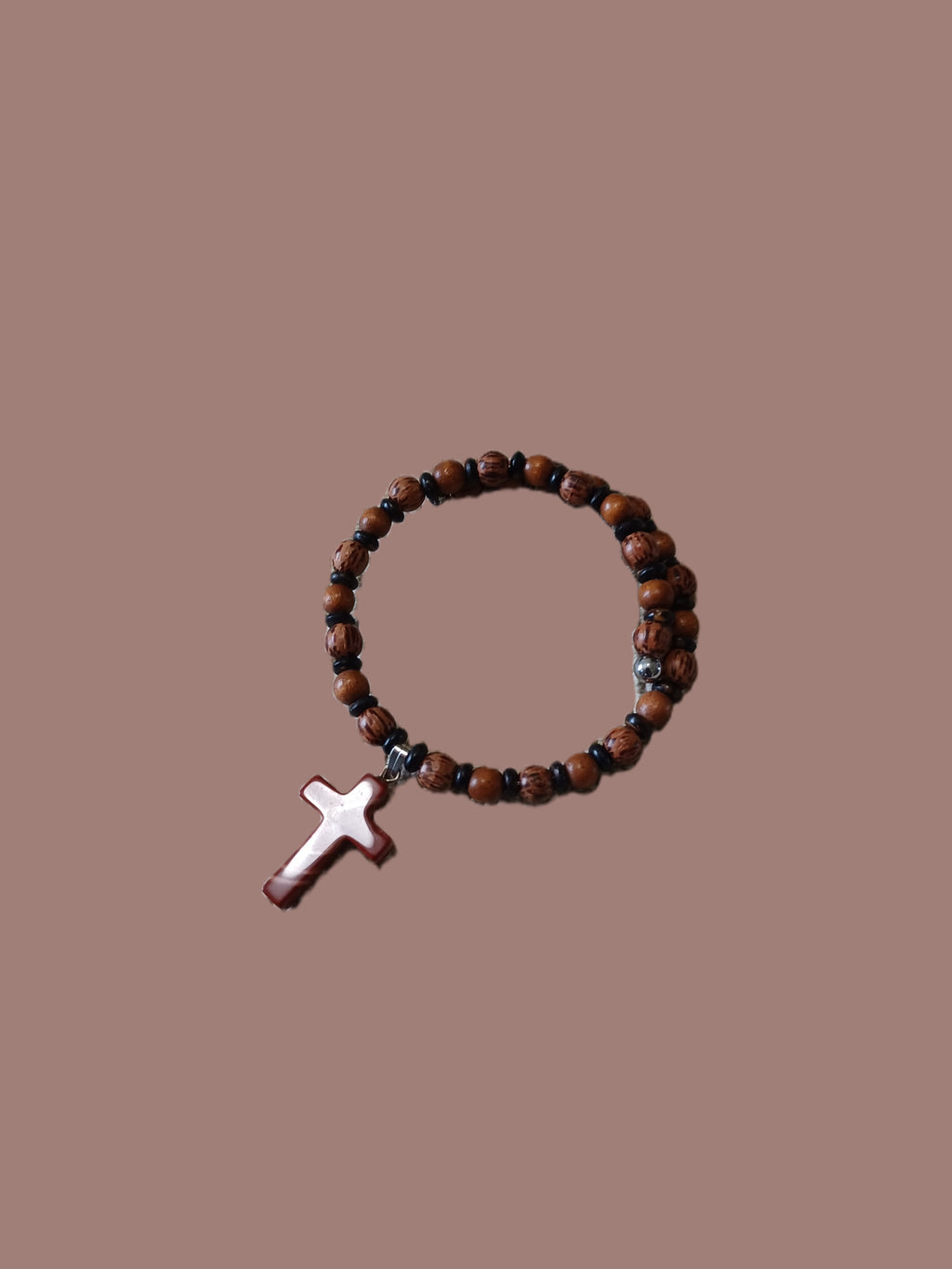 Wood Beaded Bracelet - Gemstone Cross