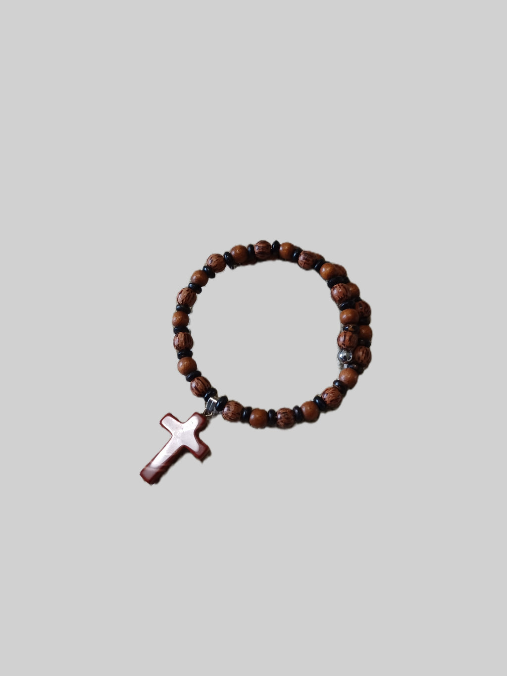 Wood Beaded Bracelet - Gemstone Cross