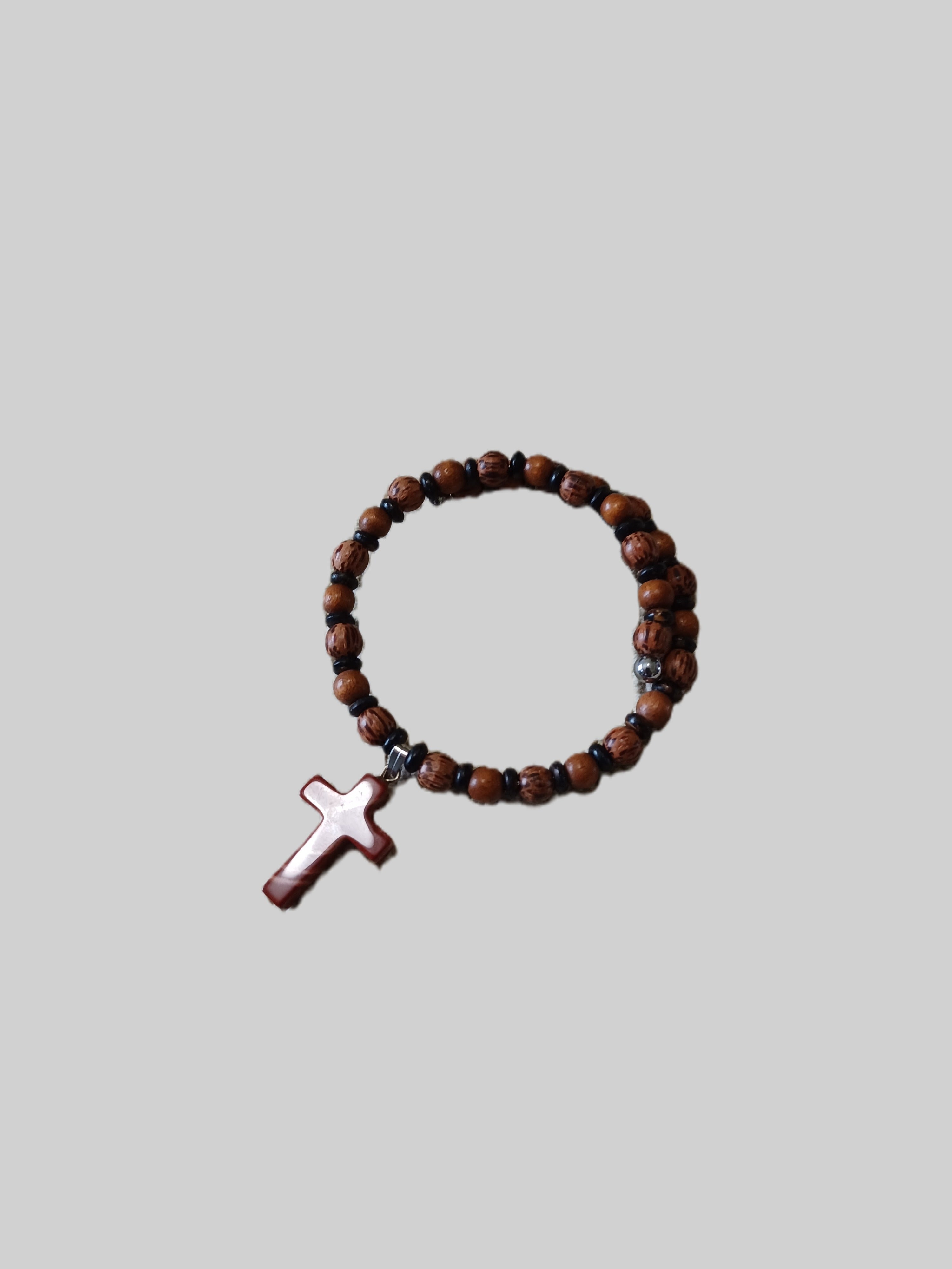 Wood Beaded Bracelet - Gemstone Cross