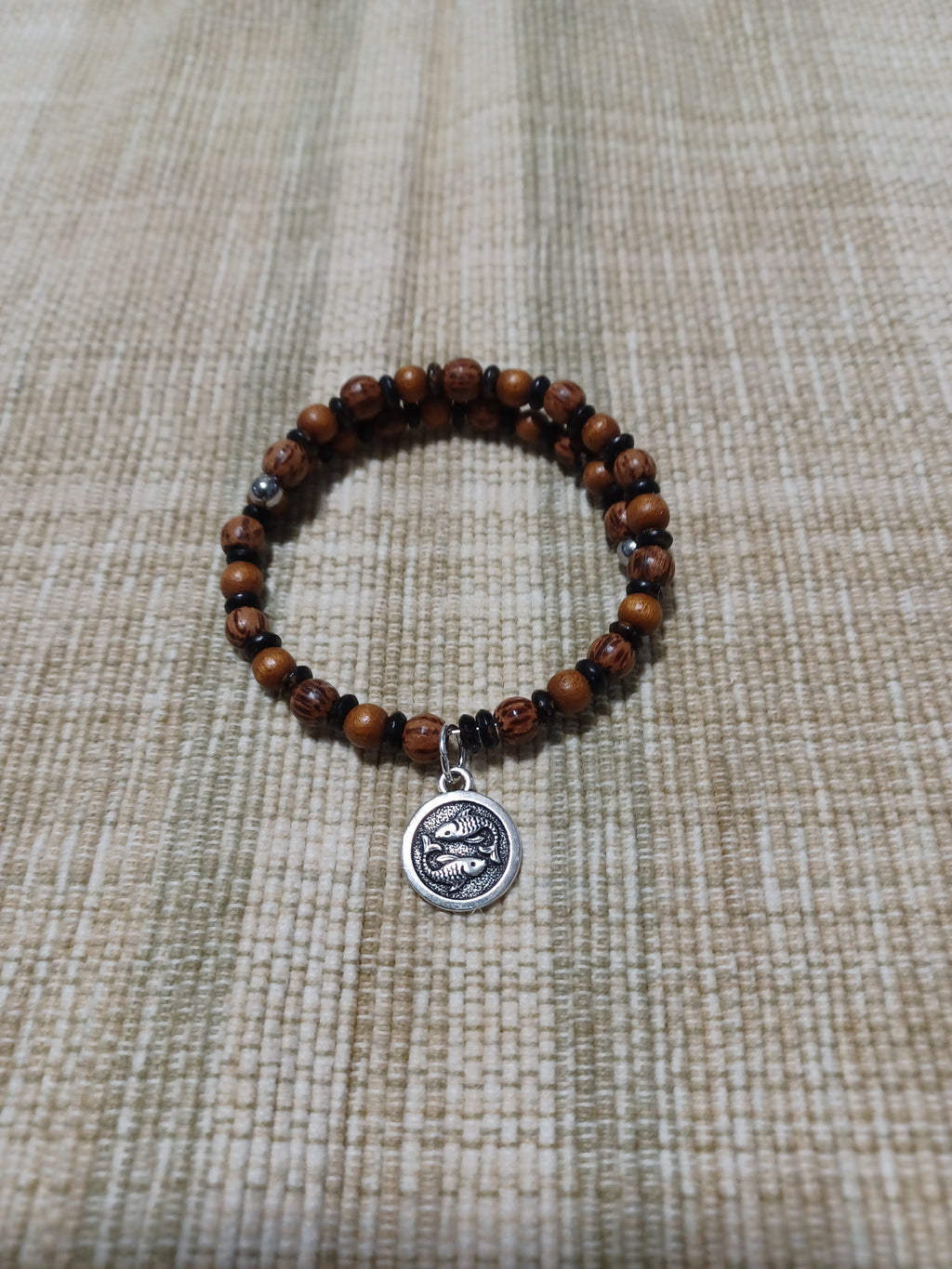 Wood Beaded Bracelet - Pisces Zodiac Charm