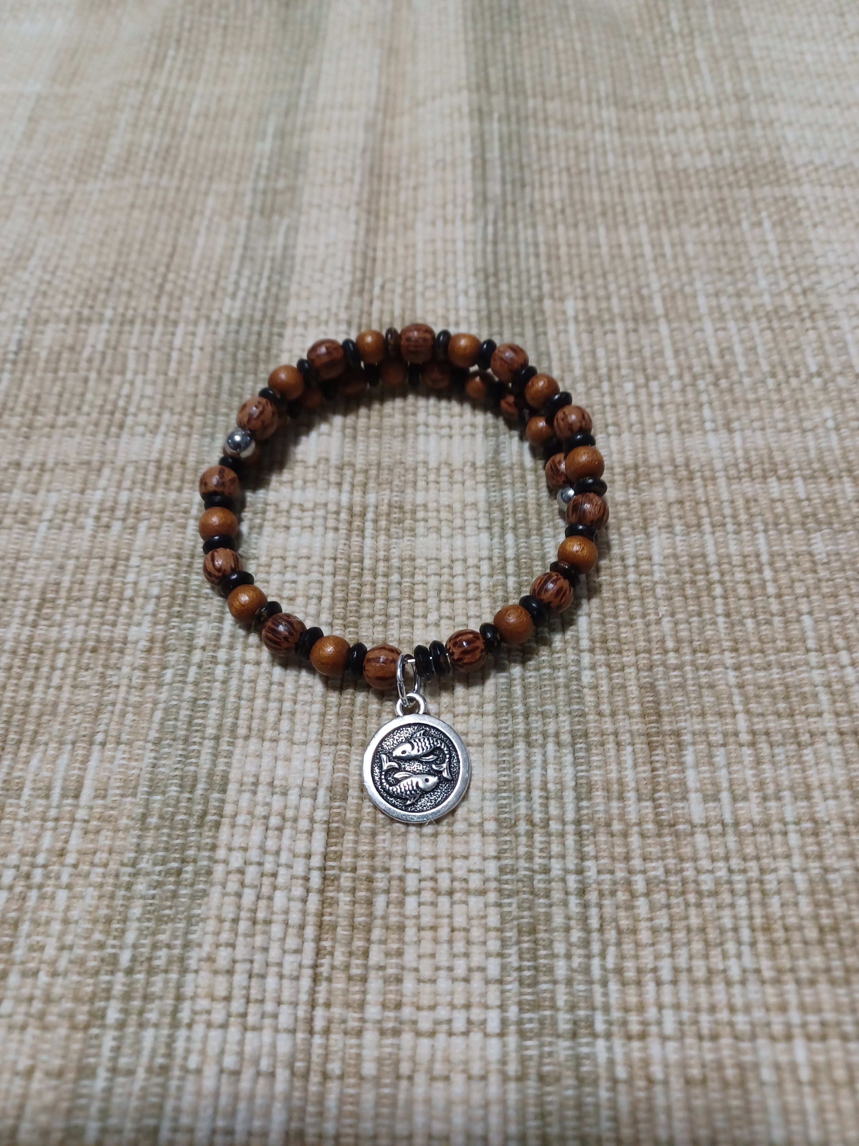 Wood Beaded Bracelet - Pisces Zodiac Charm