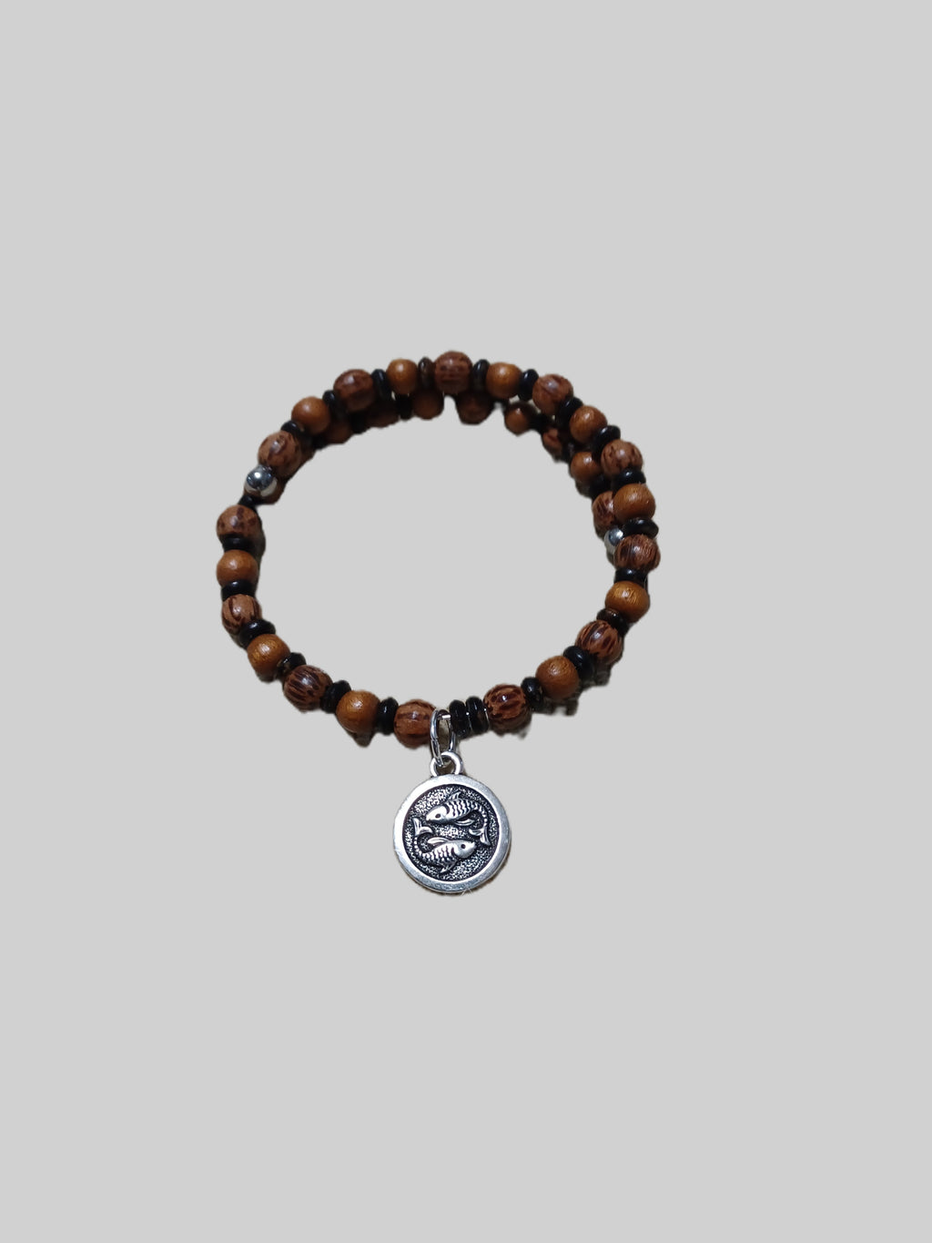 Wood Beaded Bracelet - Pisces Zodiac Charm