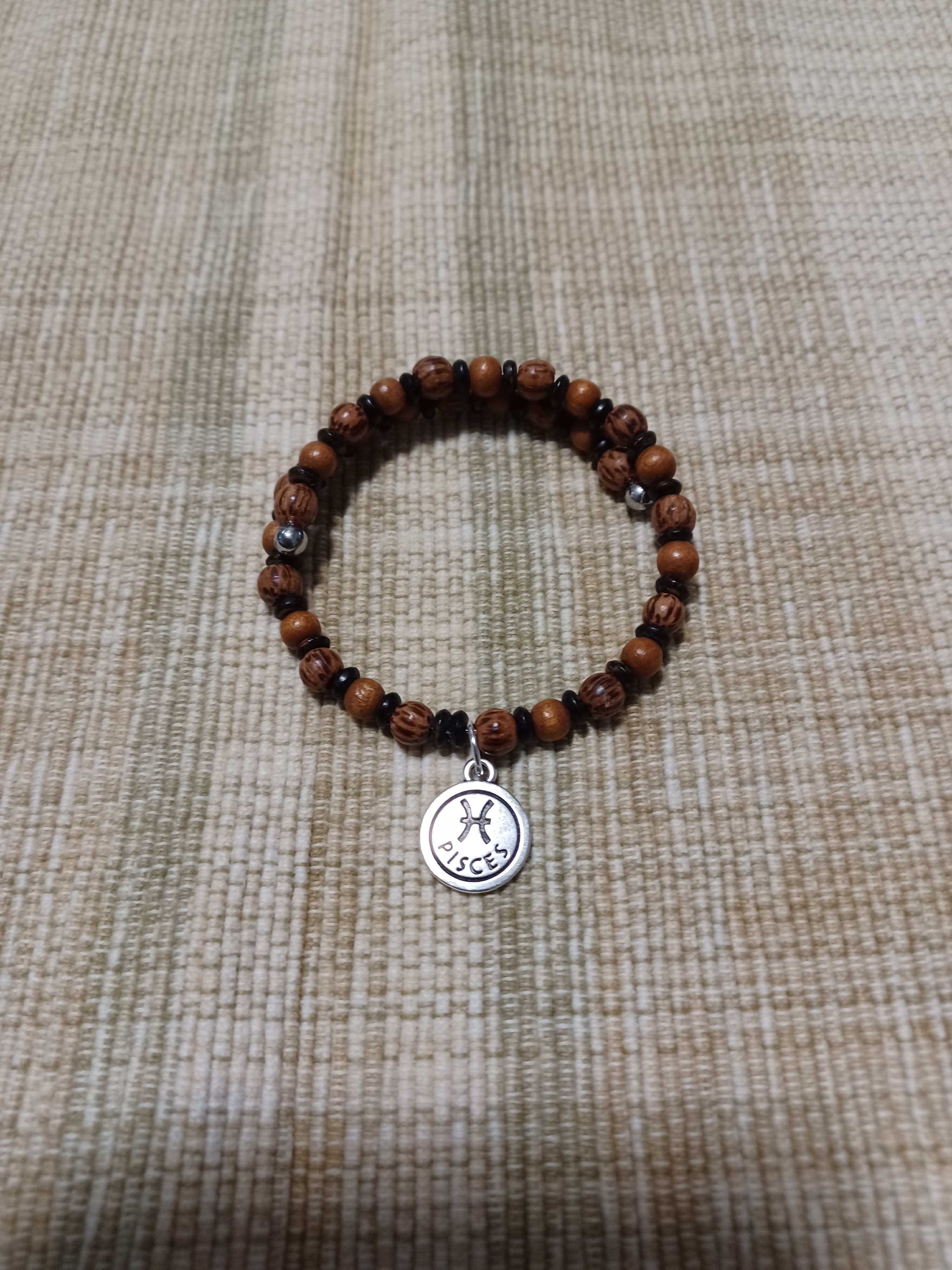 Wood Beaded Bracelet - Pisces Zodiac Charm