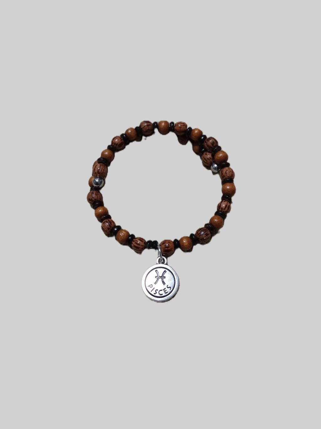 Wood Beaded Bracelet - Pisces Zodiac Charm